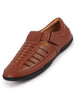 Men Tan Laser Cut and Stitched Design Roman Sandal with Buckle Strap