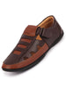 Men Brown Laser Cut Design Roman Sandal with Buckle Strap