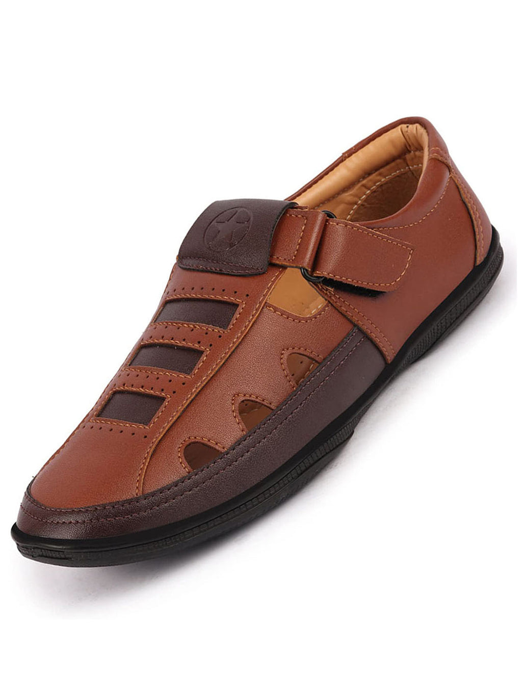 Shop Men Tan Laser Cut Design Roman Sandal with Buckle Strap Online.