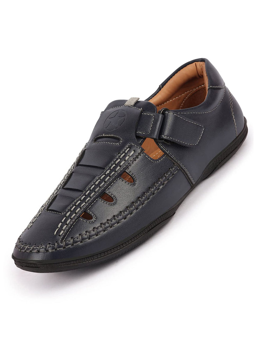Shop Men Blue Open Sided Stitched Laser Cut Design Roman Sandals with Ankle Strap Online.