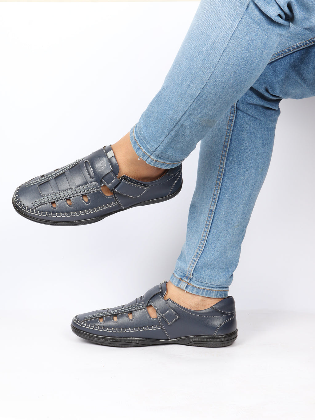 Shop Men Blue Open Sided Stitched Laser Cut Design Roman Sandals with Ankle Strap Online.