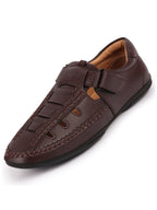 Shop Men Brown Open Sided Stitched Laser Cut Design Roman Sandals with Ankle Strap Online.
