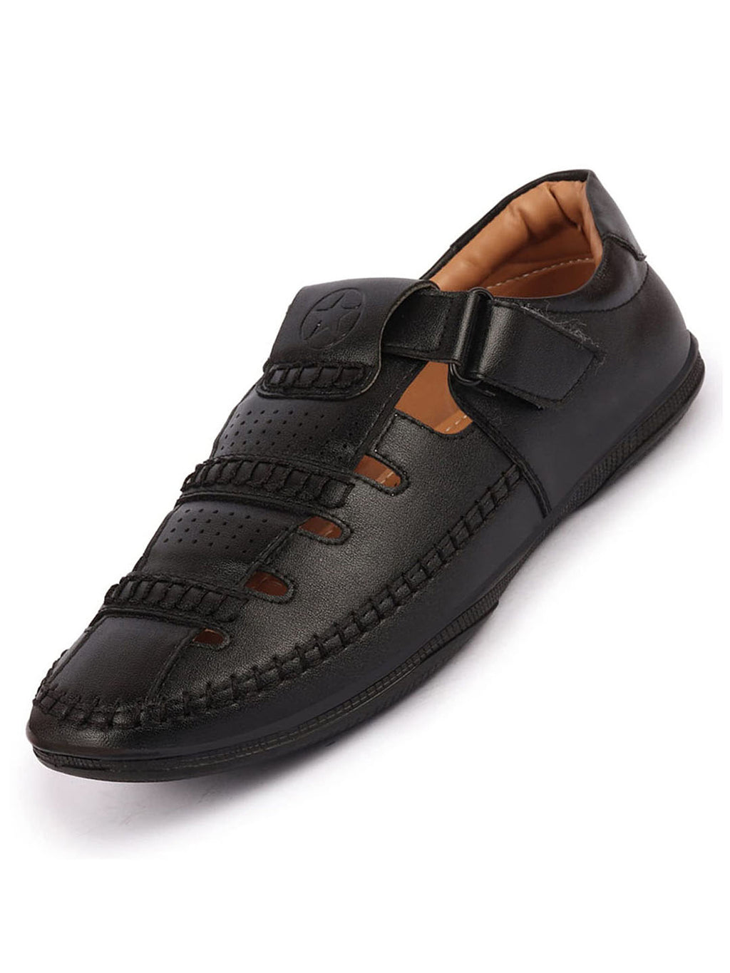 Shop Men Black Stitched Design Roman Sandals with Ankle Strap Online.