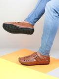 Men Tan Laser Cut Design Side Stitched Hook & Loop Driving Roman Sandals