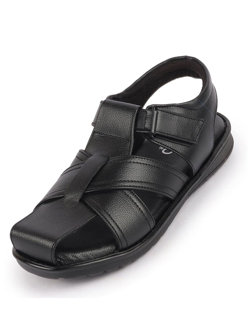 Men Black Genuine Leather Hook & Loop Closed Toe Fisherman Roman Sandals