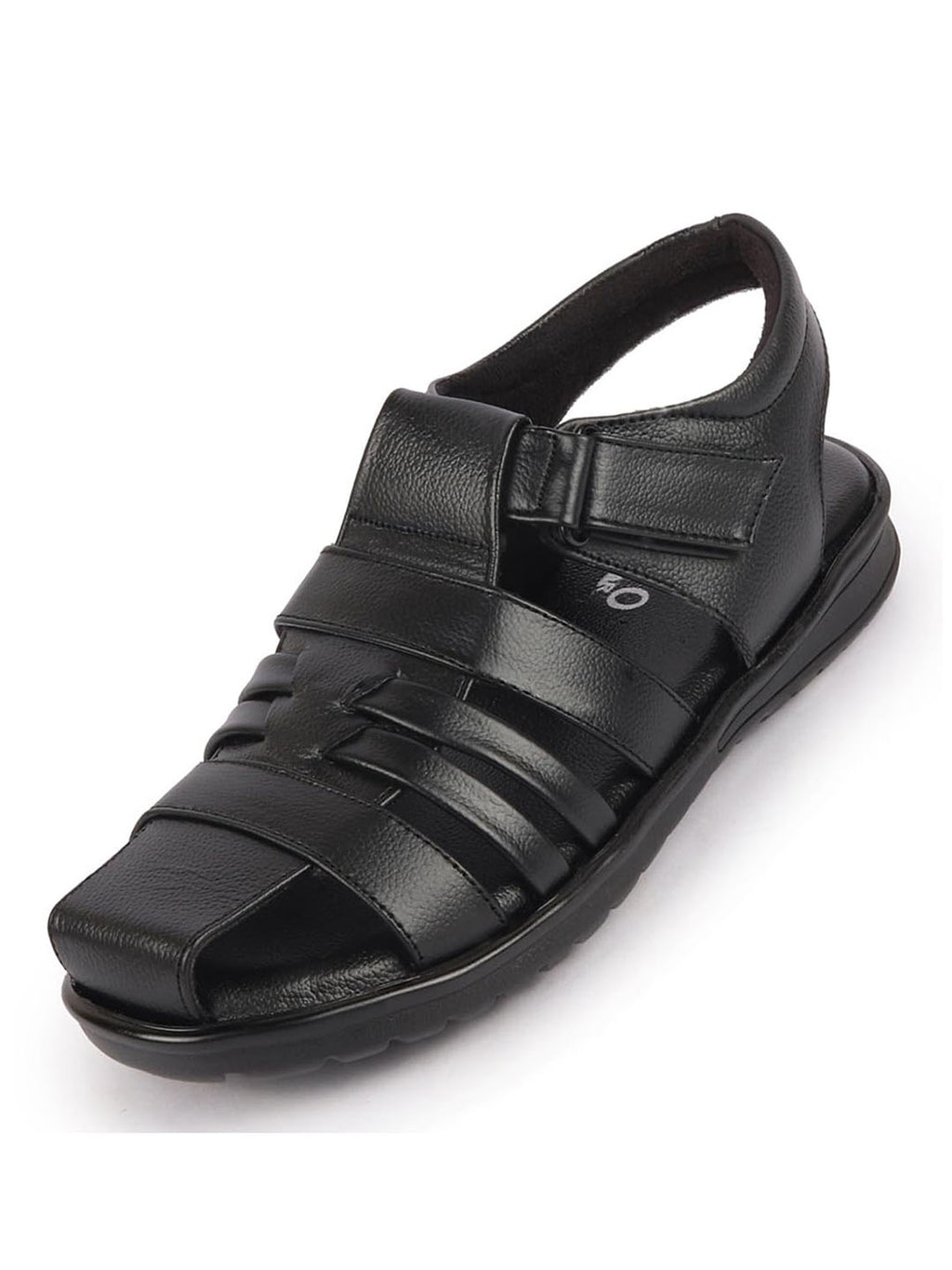 Men Black Genuine Leather Multi Strap Hook and Loop Closed Toe Fisherman Roman Sandals