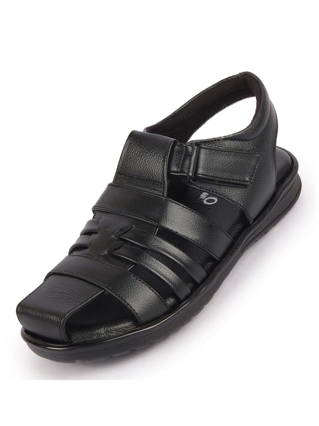 Men Black Genuine Leather Multi Strap Hook and Loop Closed Toe Fisherman Roman Sandals