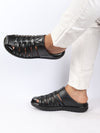 Men Black Genuine Leather Criss Cross Strap Back Open Slip On Dress Sandals