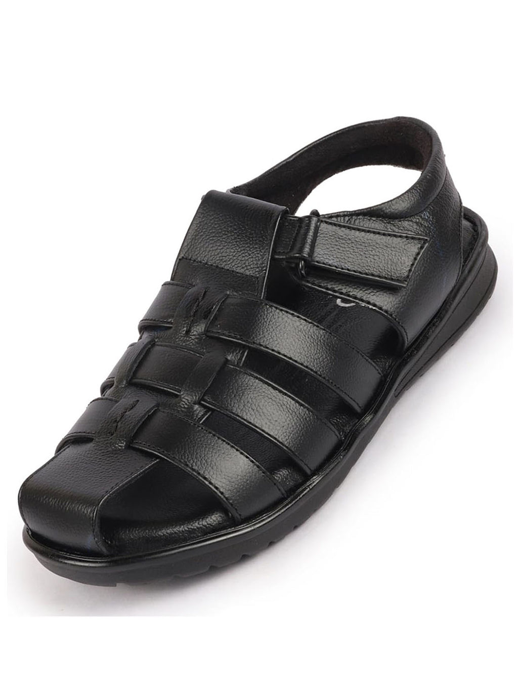 Men Black Genuine Leather Multi Strap Closed Toe Roman Sandals