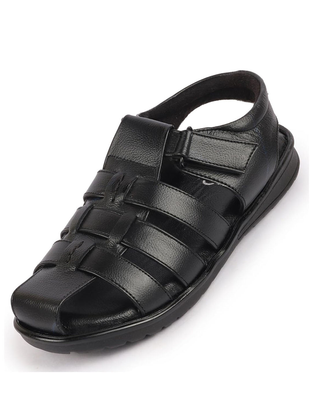 Men Black Genuine Leather Multi Strap Closed Toe Roman Sandals