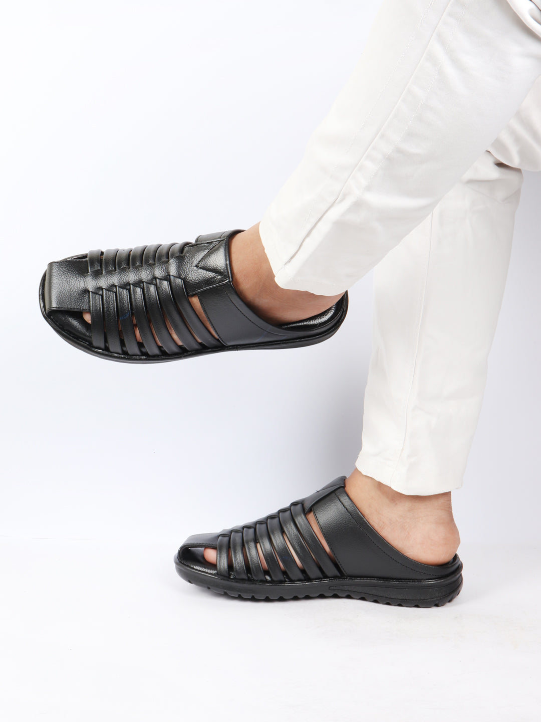 Buy Black Leather Multi Strap Slip On Sandals For Men Online - Main Image