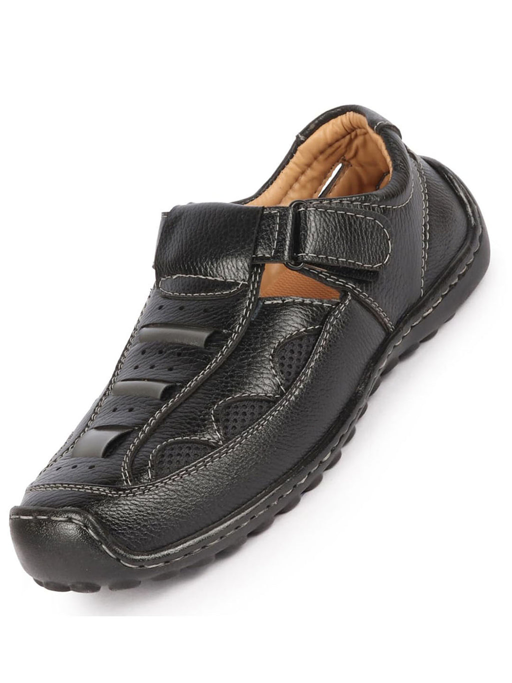 Shop Men Black Genuine Leather Breathable Comfort PU Pad Insole Hook and Loop Roman Sandals Online.