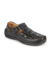 Shop Men Black Genuine Leather Breathable Comfort PU Pad Insole Hook and Loop Roman Sandals Online.