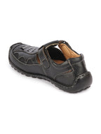 Shop Men Black Genuine Leather Breathable Comfort PU Pad Insole Hook and Loop Roman Sandals Online.