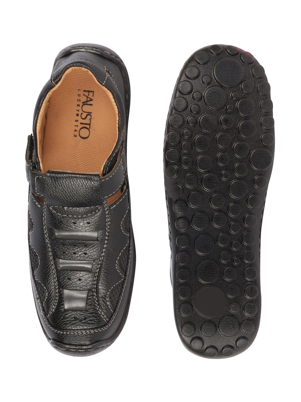Shop Men Black Genuine Leather Breathable Comfort PU Pad Insole Hook and Loop Roman Sandals Online.