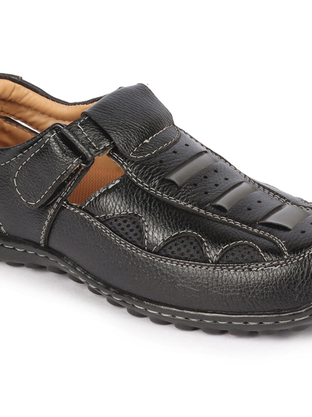 Shop Men Black Genuine Leather Breathable Comfort PU Pad Insole Hook and Loop Roman Sandals Online.