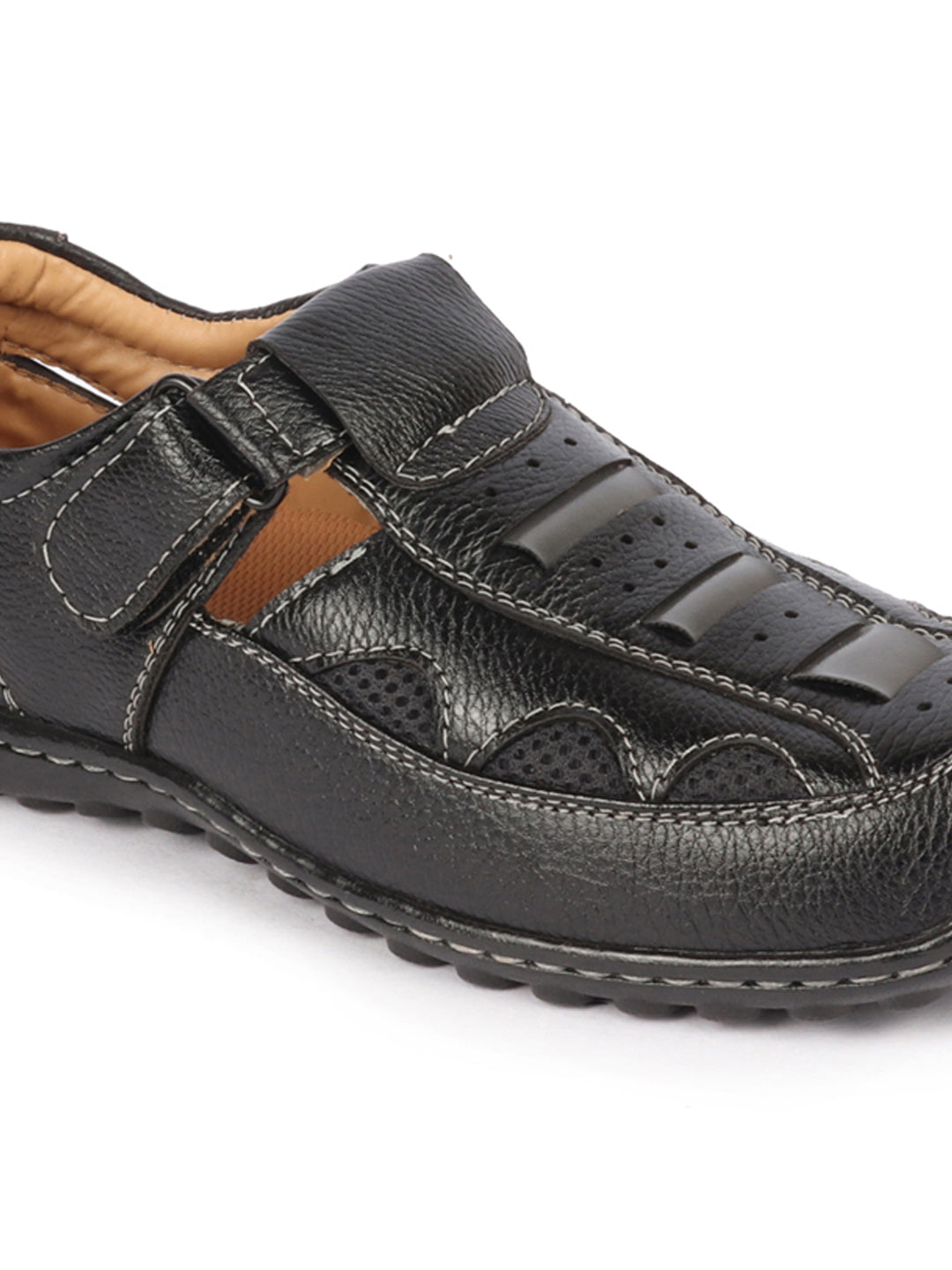 Shop Men Black Genuine Leather Breathable Comfort PU Pad Insole Hook and Loop Roman Sandals Online.