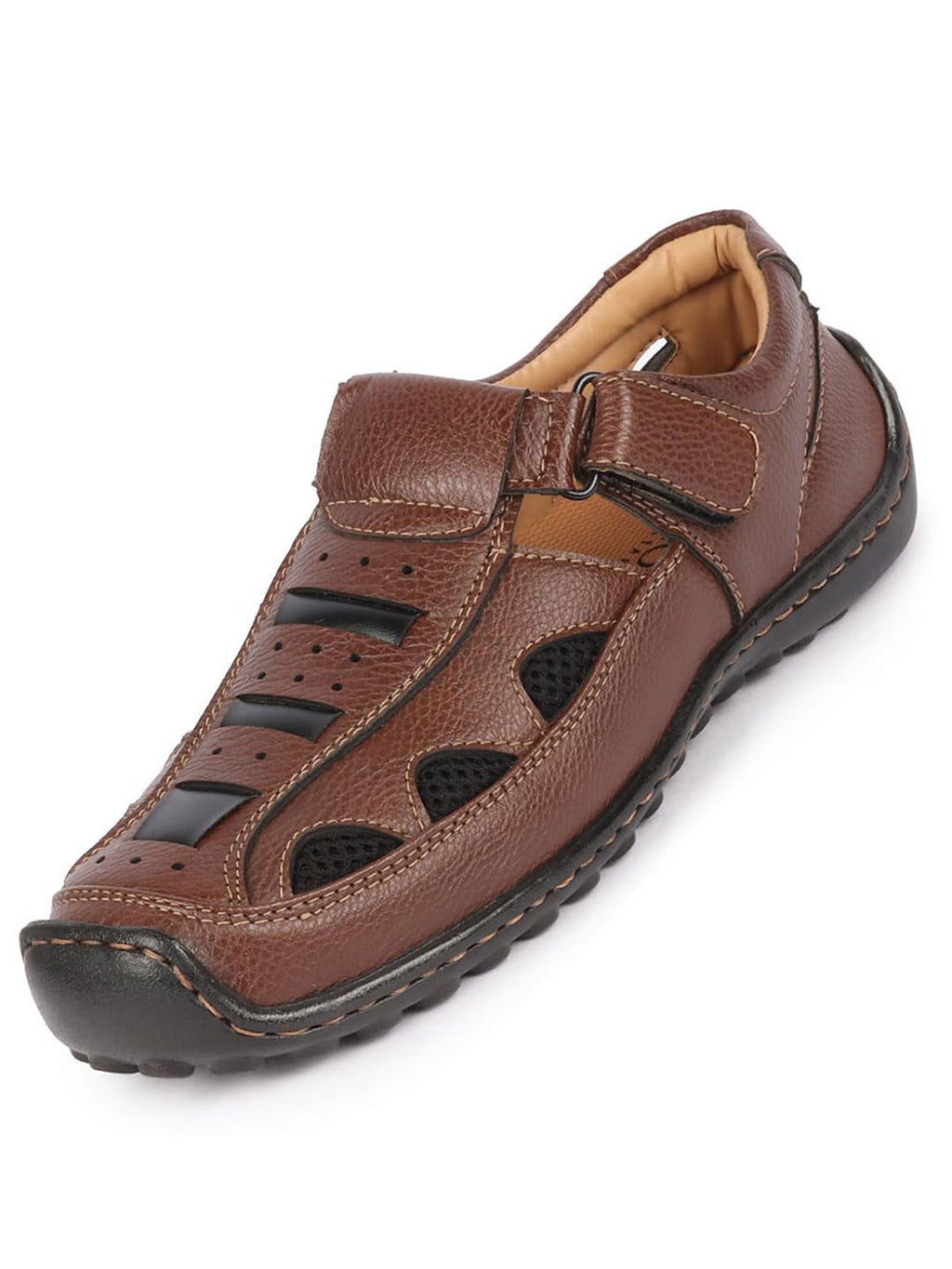 Men Brown Genuine Leather Breathable Comfort PU Pad Insole Hook and Loop Roman Sandals