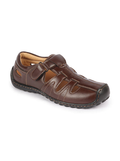 Men Brown Genuine Leather Laser Cut Design Comfort PU Pad Insole Hook and Loop Roman Sandals