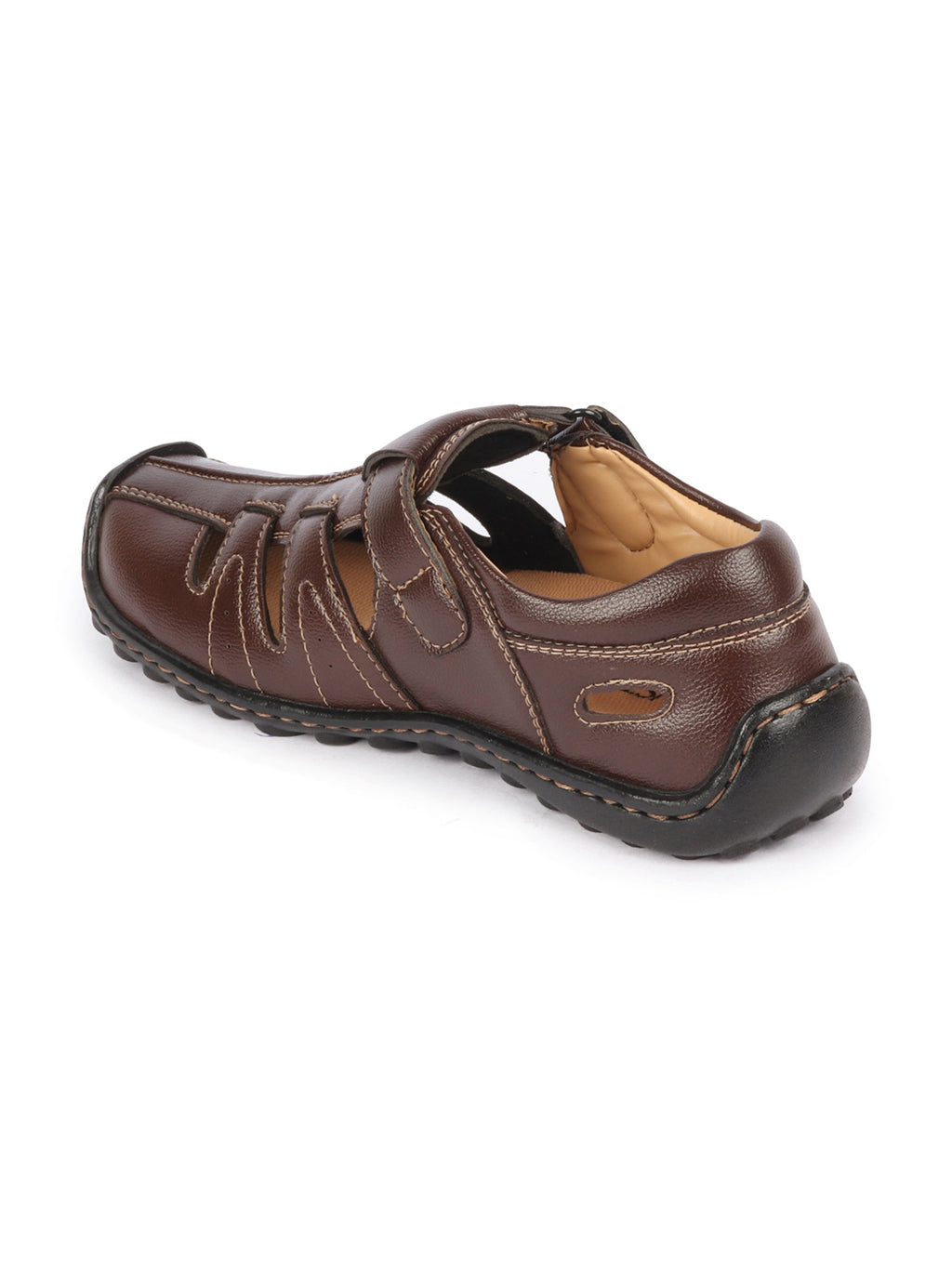 Shop Men Brown Genuine Leather Laser Cut Design Comfort PU Pad Insole Hook and Loop Roman Sandals Online.