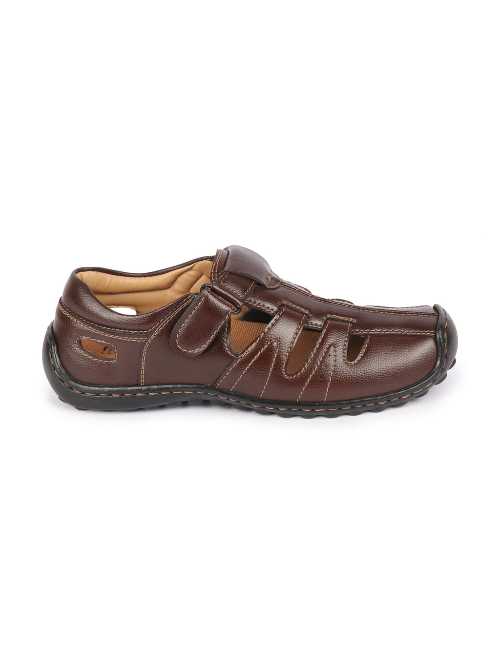 Shop Men Brown Genuine Leather Laser Cut Design Comfort PU Pad Insole Hook and Loop Roman Sandals Online.