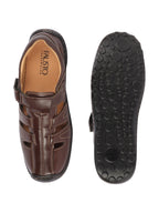 Shop Men Brown Genuine Leather Laser Cut Design Comfort PU Pad Insole Hook and Loop Roman Sandals Online.