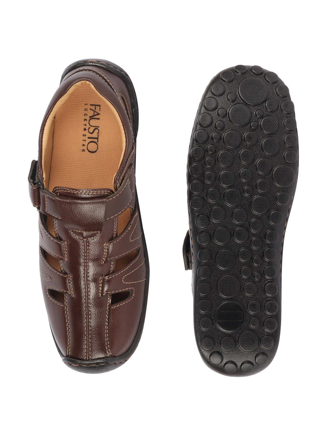 Shop Men Brown Genuine Leather Laser Cut Design Comfort PU Pad Insole Hook and Loop Roman Sandals Online.
