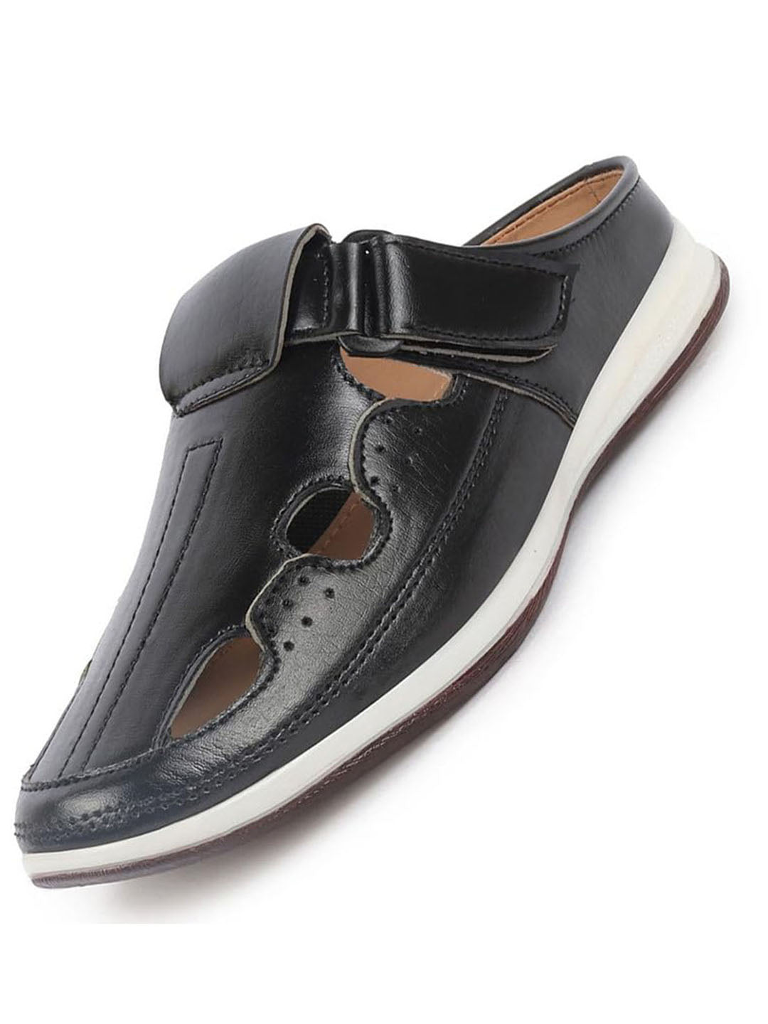 Shop Men Black Casual Back Open Perforated Day Long Comfort Slip On Sandals Online.