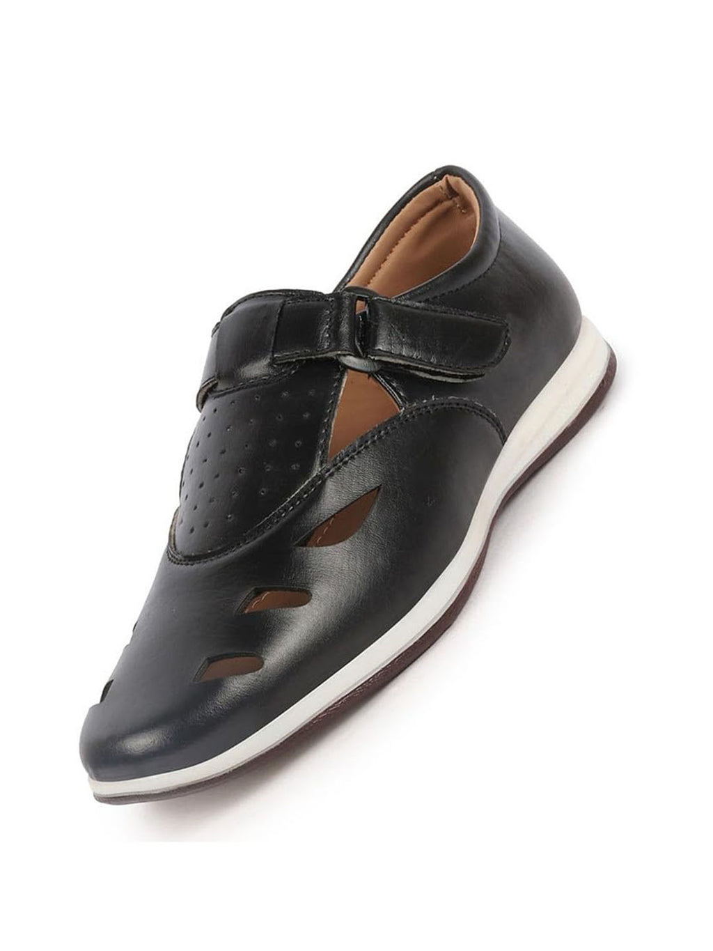 Men Black Laser Cut Design Perforated Day Long Comfort Hook and Loop Sandals