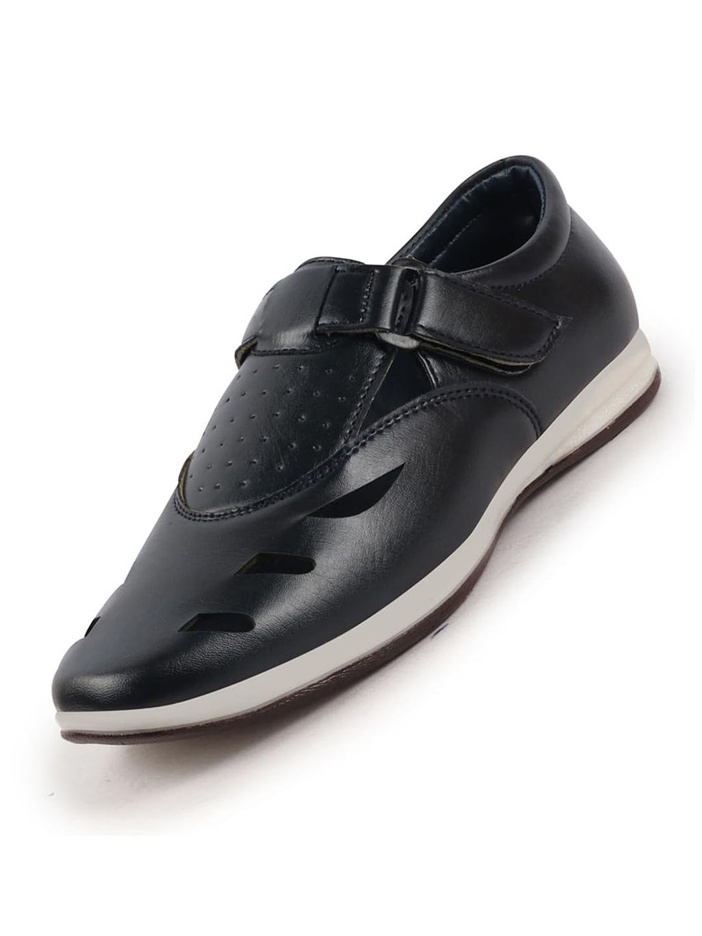 Shop Men Blue Laser Cut Design Perforated Day Long Comfort Hook and Loop Sandals Online.