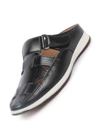 Shop Men Black Laser Cut Design Multi Strap Back Open Perforated Hook and Loop Sandals Online.