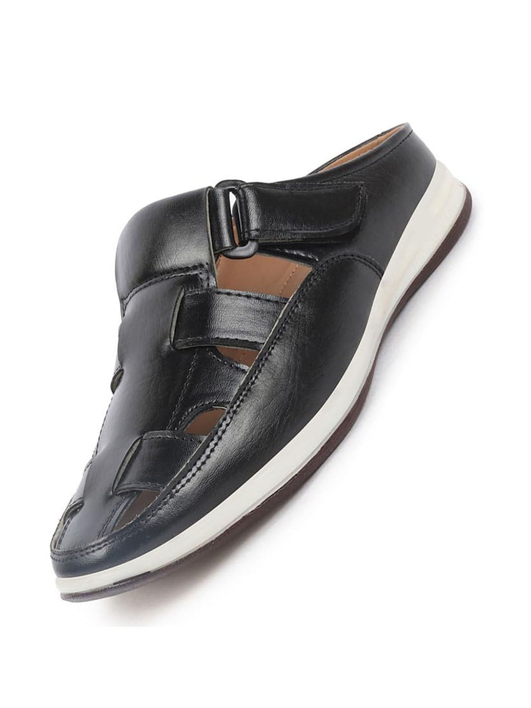 Shop Men Black Laser Cut Design Multi Strap Back Open Perforated Hook and Loop Sandals Online.