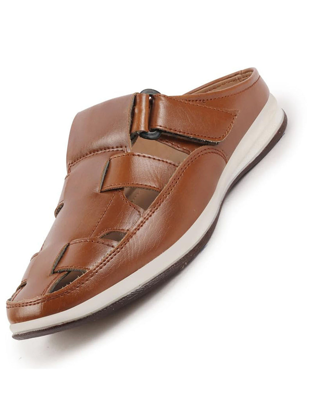 Men Tan Laser Cut Design Multi Strap Back Open Perforated Hook and Loop Sandals