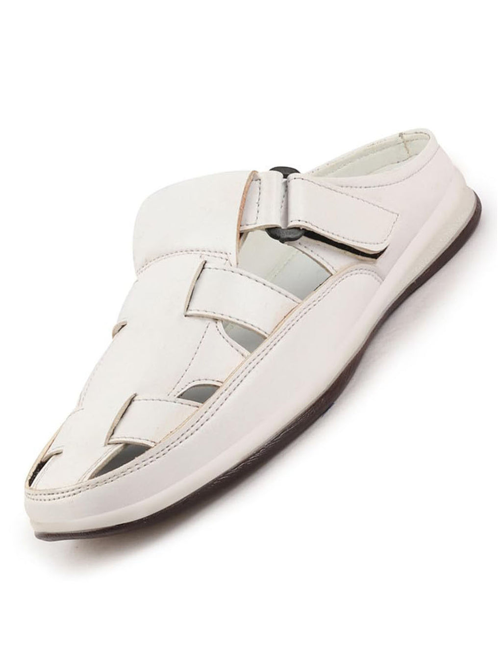 Men White Laser Cut Design Multi Strap Back Open Perforated Hook and Loop Sandals