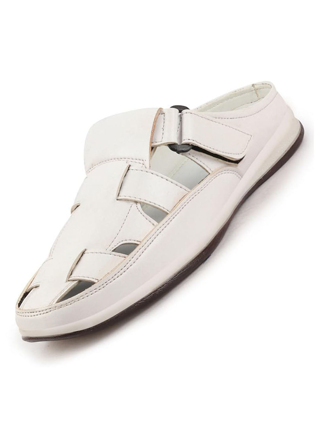 Men White Laser Cut Design Multi Strap Back Open Perforated Hook and Loop Sandals