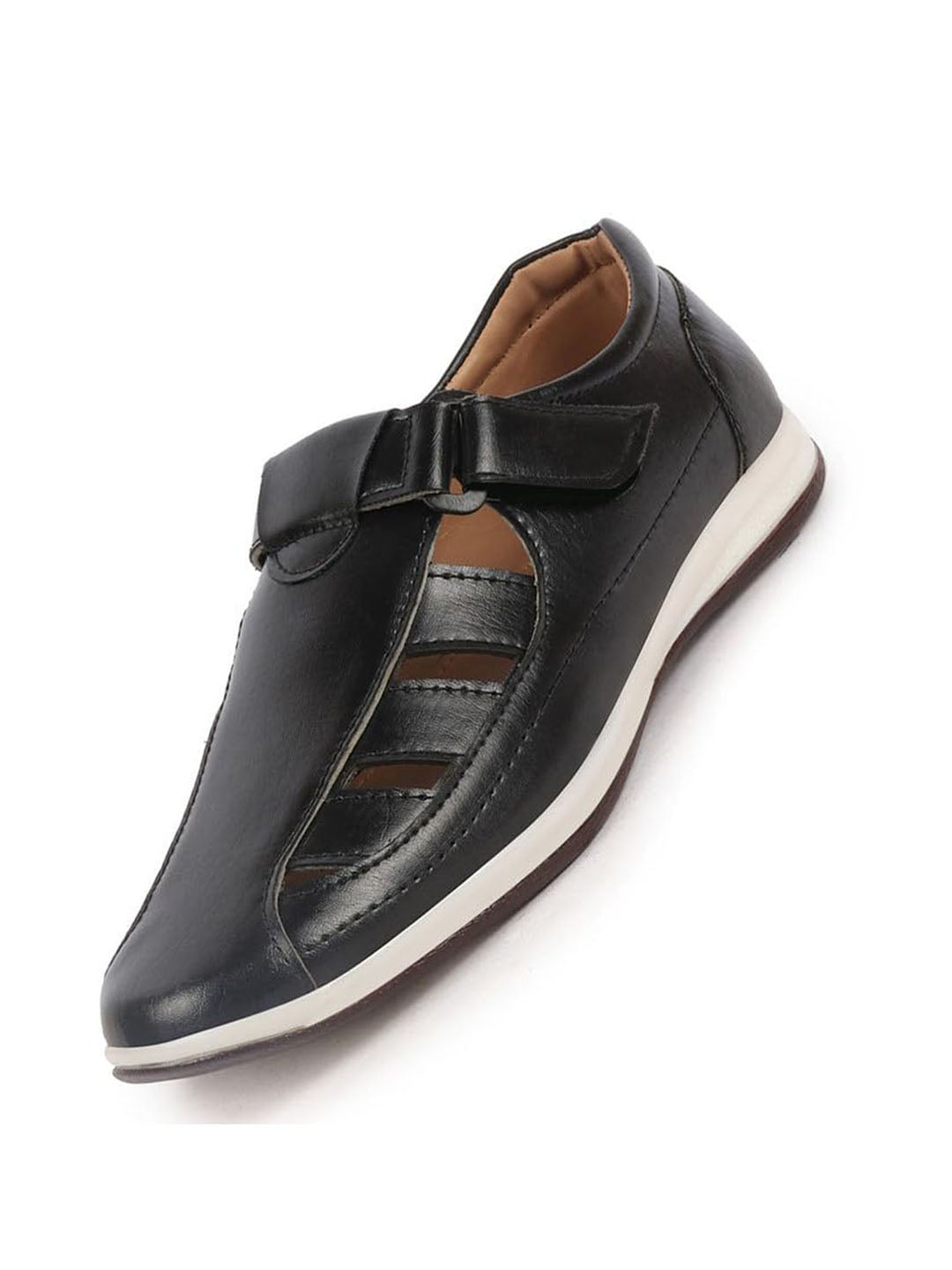 Shop Men Black Laser Cut Design Day Long Comfort Hook and Loop Casual Sandals Online.