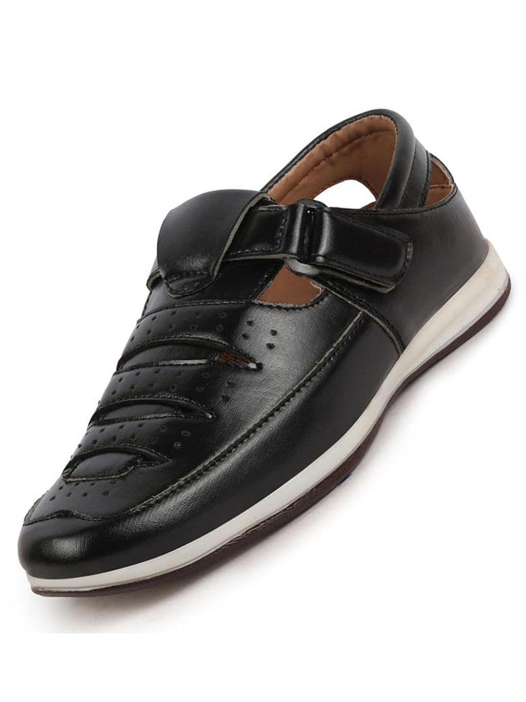 Men Black Laser Cut Perforated Shoe Style Roman Sandal with Buckle Strap