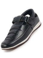 Men Blue Laser Cut Perforated Shoe Style Roman Sandal with Buckle Strap