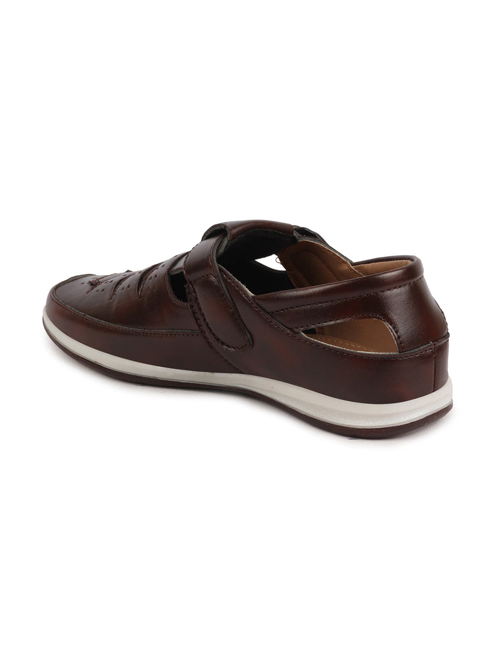 Shop Men Brown Laser Cut Perforated Shoe Style Roman Sandal with Buckle Strap Online.