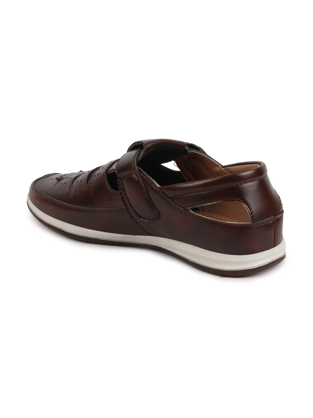 Shop Men Brown Laser Cut Perforated Shoe Style Roman Sandal with Buckle Strap Online.