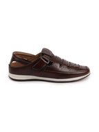 Shop Men Brown Laser Cut Perforated Shoe Style Roman Sandal with Buckle Strap Online.