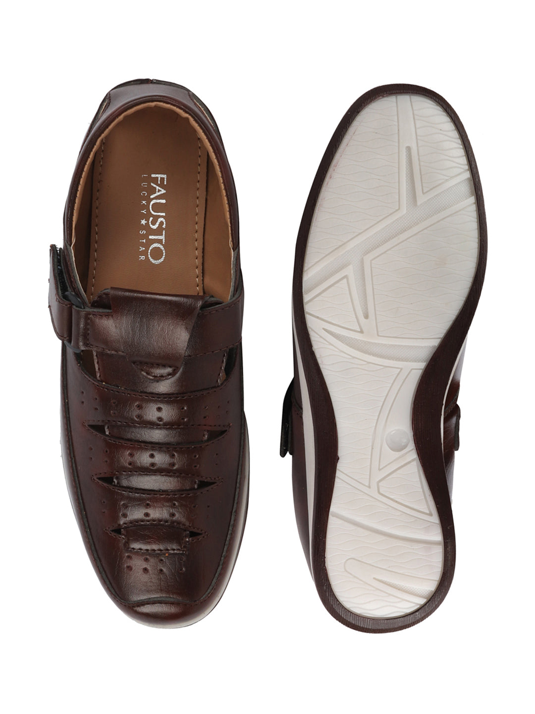Shop Men Brown Laser Cut Perforated Shoe Style Roman Sandal with Buckle Strap Online.