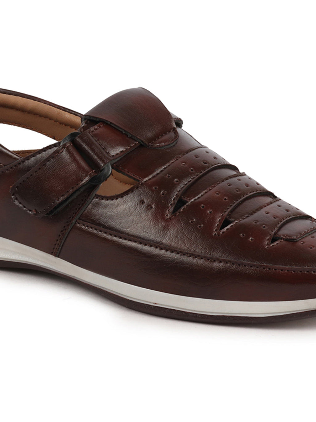 Shop Men Brown Laser Cut Perforated Shoe Style Roman Sandal with Buckle Strap Online.