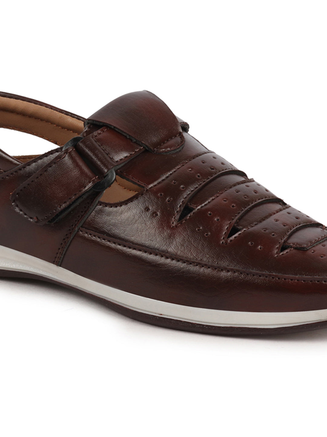 Shop Men Brown Laser Cut Perforated Shoe Style Roman Sandal with Buckle Strap Online.