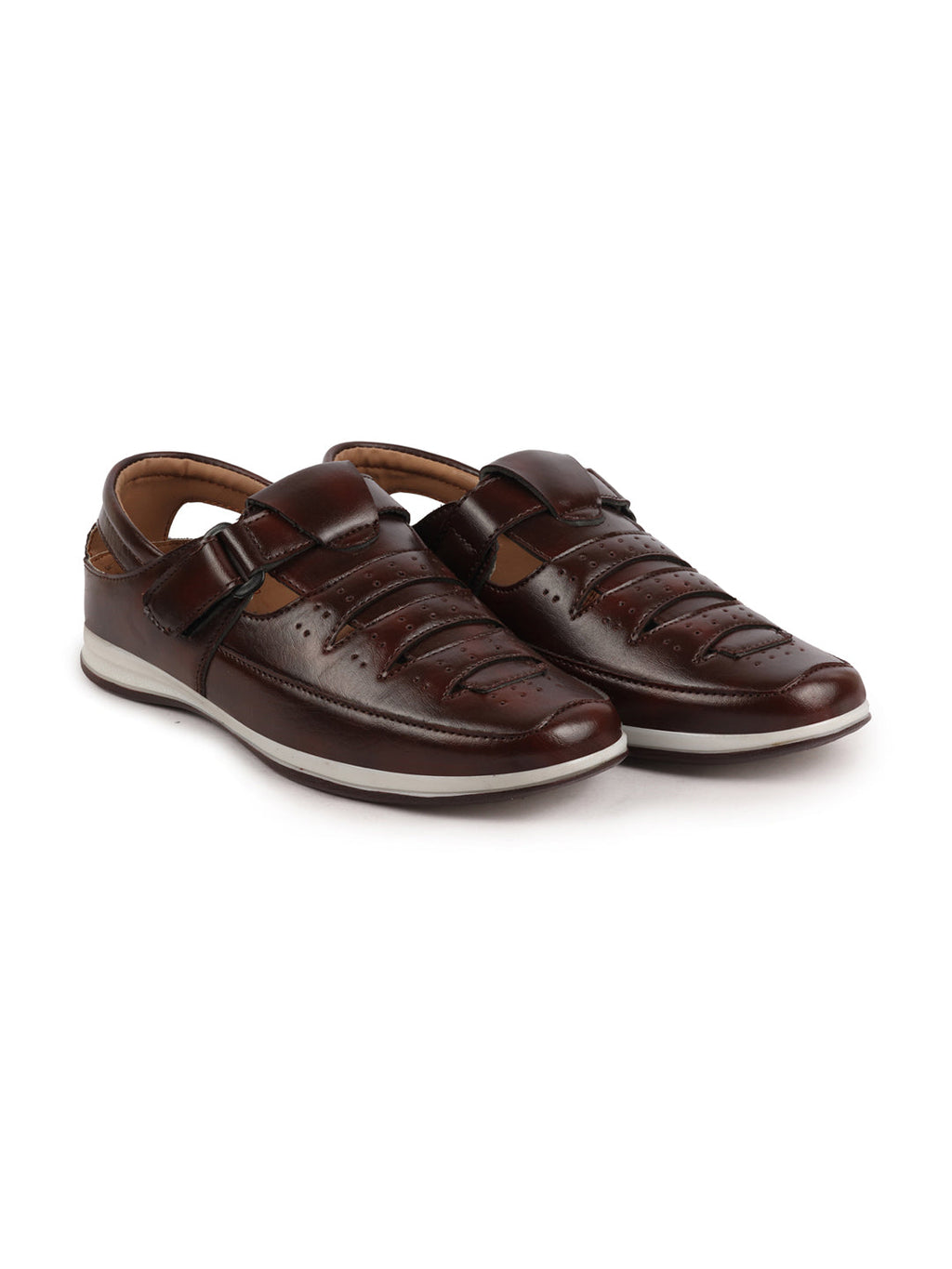 Shop Men Brown Laser Cut Perforated Shoe Style Roman Sandal with Buckle Strap Online.