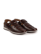 Shop Men Brown Laser Cut Perforated Shoe Style Roman Sandal with Buckle Strap Online.