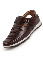 Shop Men Brown Laser Cut Perforated Shoe Style Roman Sandal with Buckle Strap Online.