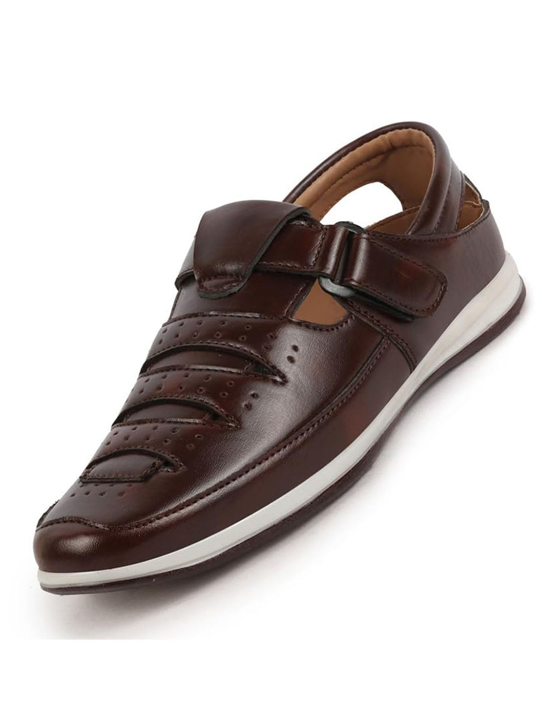 Shop Men Brown Laser Cut Perforated Shoe Style Roman Sandal with Buckle Strap Online.