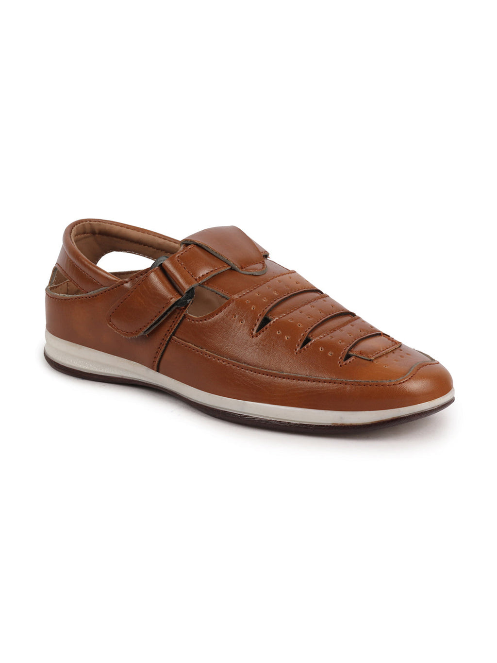 Shop Men Tan Laser Cut Perforated Shoe Style Roman Sandal with Buckle Strap Online.