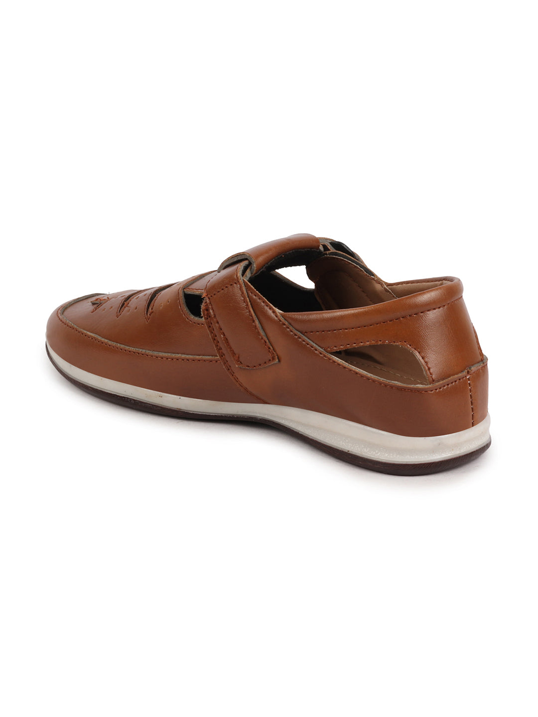 Shop Men Tan Laser Cut Perforated Shoe Style Roman Sandal with Buckle Strap Online.